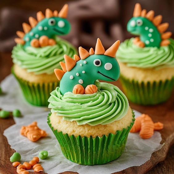 A green cupcake with a dinosaur on top.