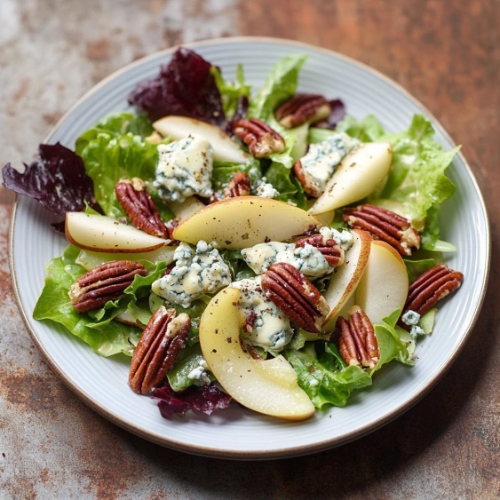 A plate of salad with apples, nuts, and blue cheese.