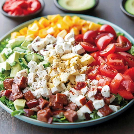 A plate of food with tomatoes, cheese, and other vegetables.