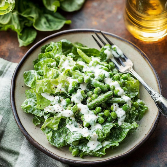 A plate of salad with peas and dressing.
