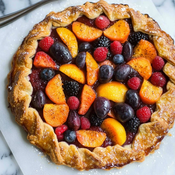 A pie with berries and peaches on top.
