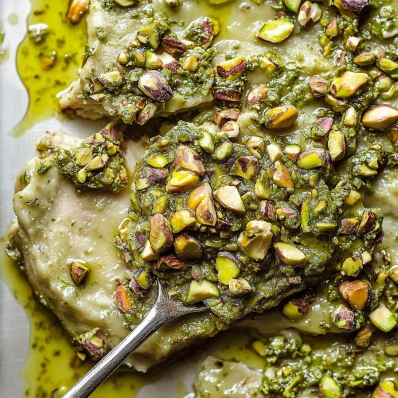 A piece of food with a green sauce on it.