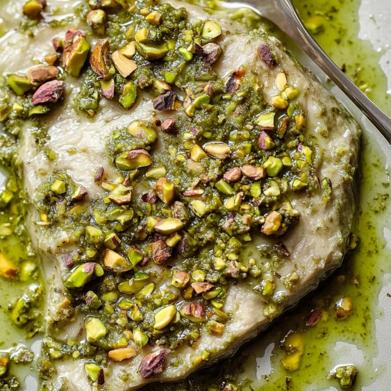 A piece of meat with green sauce on it.