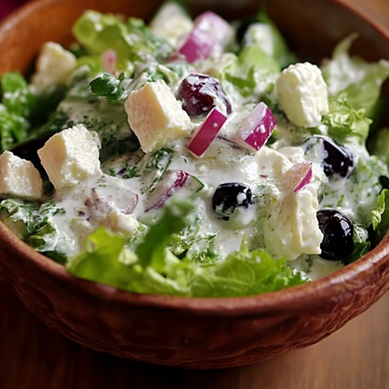 A bowl of salad with blueberries and feta cheese.