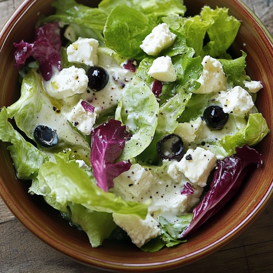 A bowl of salad with feta cheese and black olives.