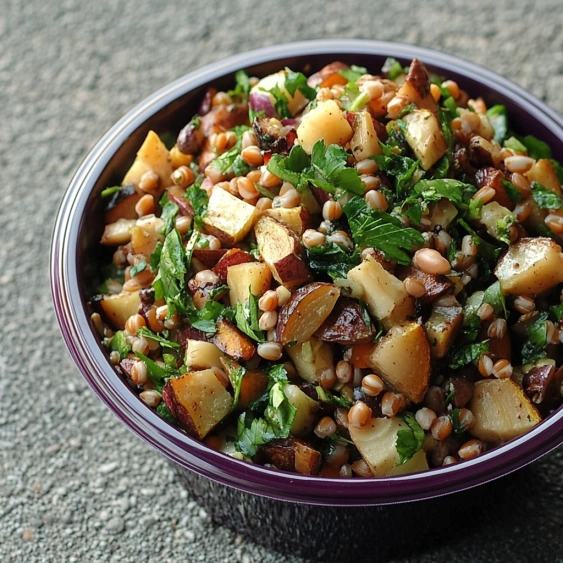 A bowl of food with a green topping.