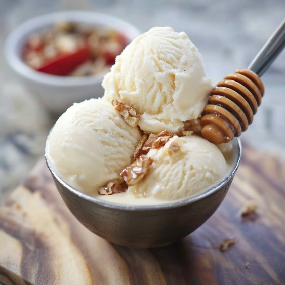A bowl of ice cream with honey drizzled on top.