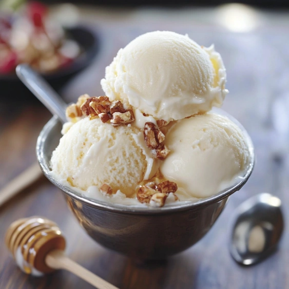 A bowl of ice cream with nuts on top.