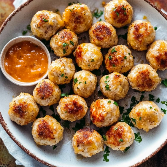 A plate of meatballs with a dipping sauce.