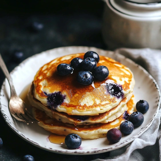A stack of pancakes with blueberries on top.