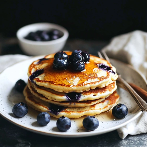 A stack of pancakes with blueberries on top.