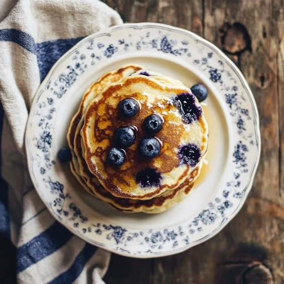 A plate of pancakes with blueberries on top.