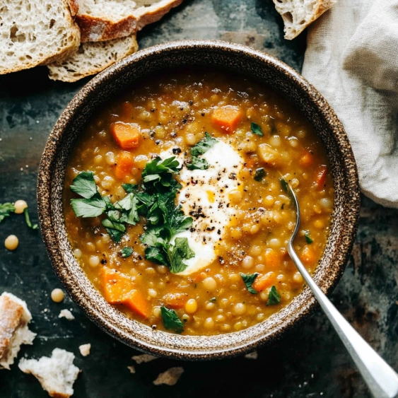 A bowl of soup with bread and cheese.