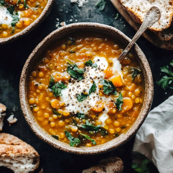 A bowl of soup with a spoon in it.