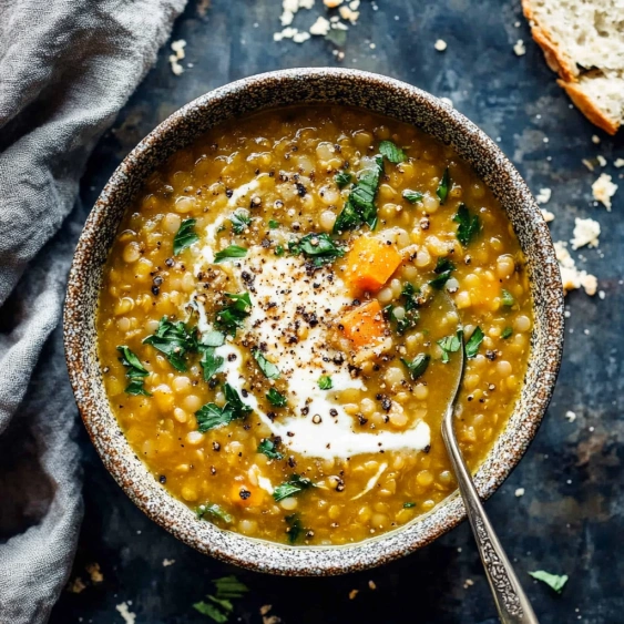 A bowl of soup with a spoon in it.