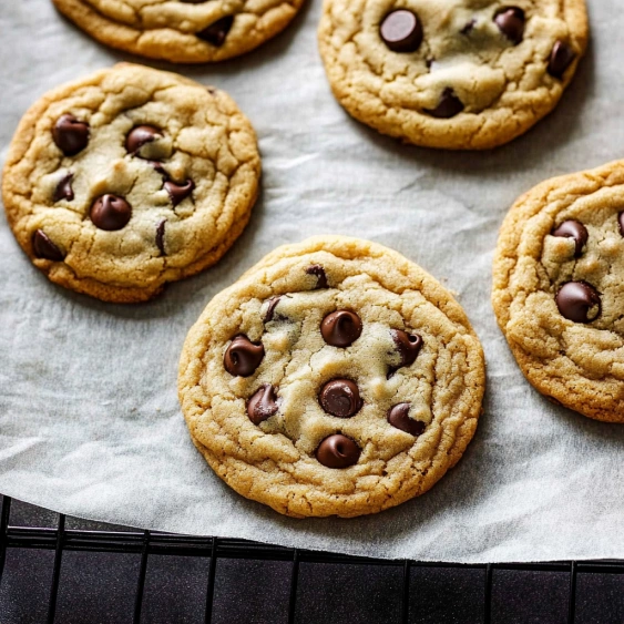 A tray of chocolate chip cookies.