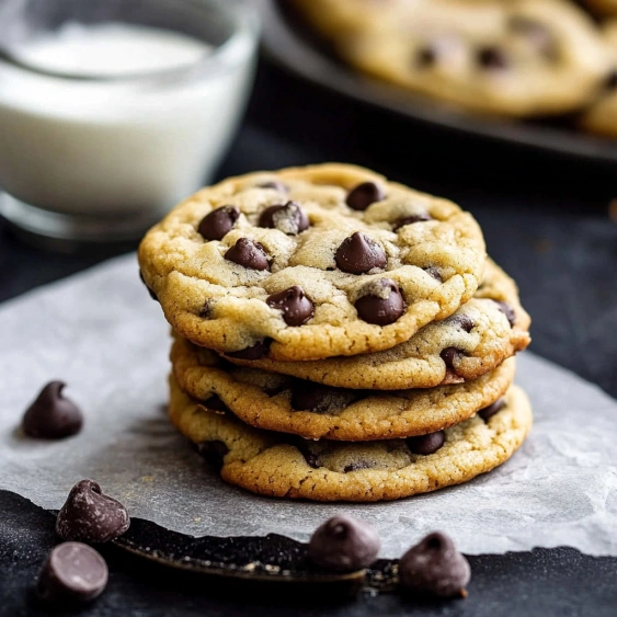 Chocolate chip cookies stacked on a plate.