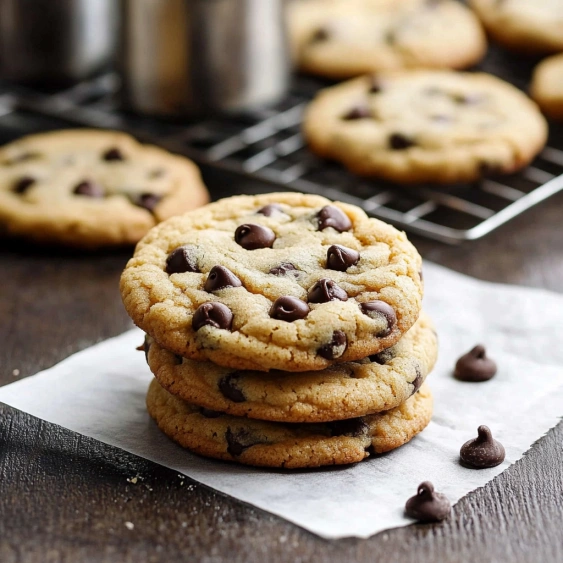 Chocolate chip cookies on a cooling rack.