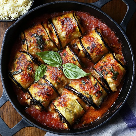 A pan of food with a green leaf on top.