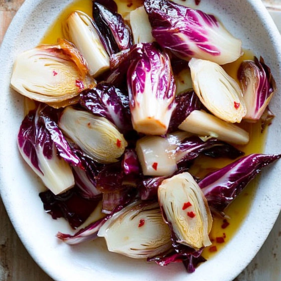 A bowl of food with red onions.