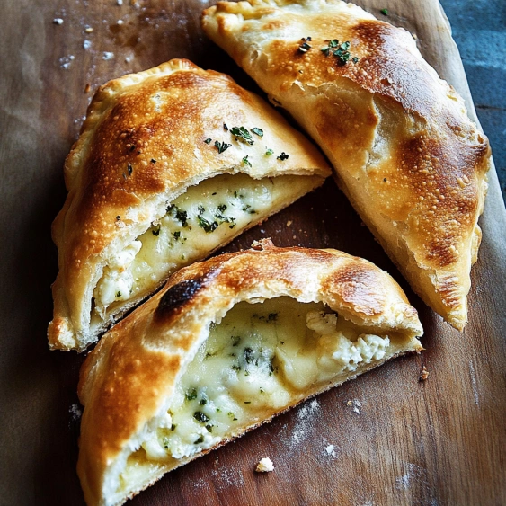 Three pieces of cheese and herb filled bread.