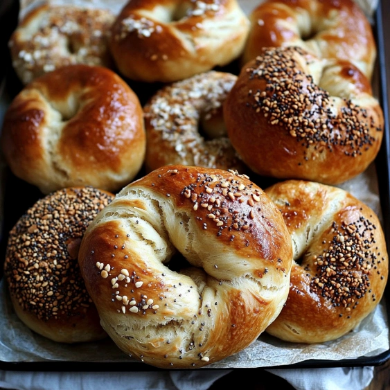 A tray of bagels with sesame seeds.