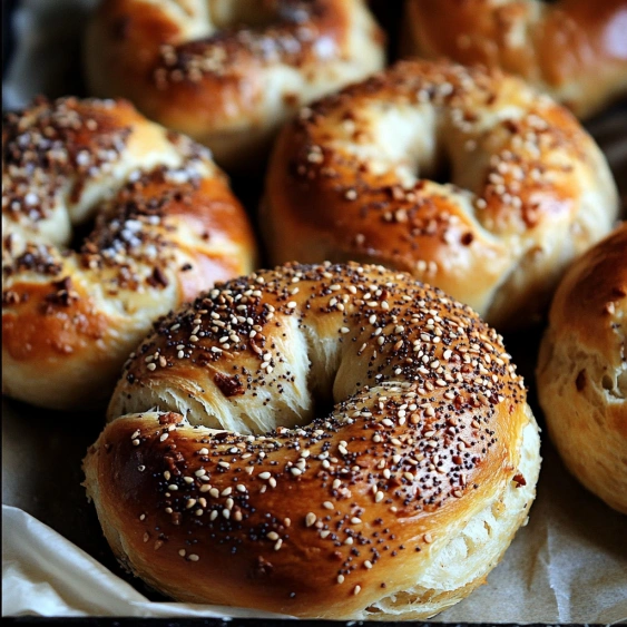 A basket of bagels with sesame seeds.