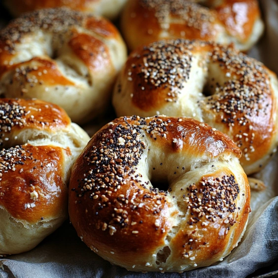 A basket of bagels with sesame seeds.