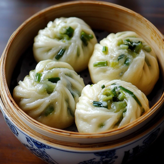 A bowl of dumplings with green toppings.