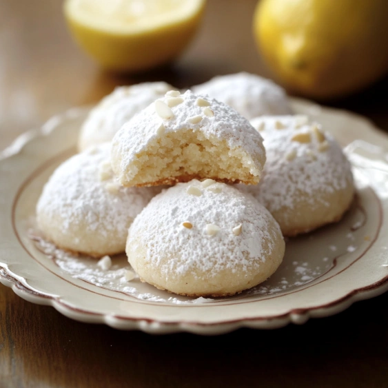 A plate of cookies with a lemon wedge on the side.