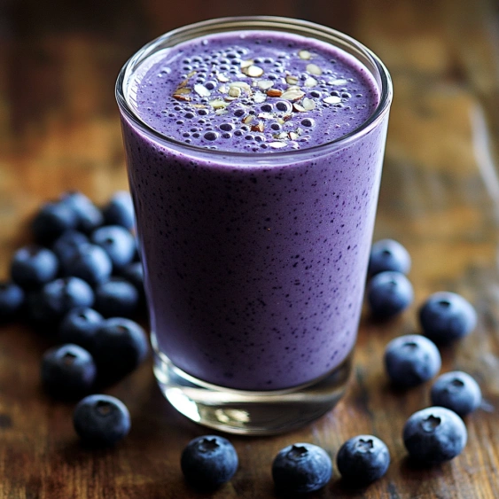 A glass of blueberry smoothie with blueberries on the table.