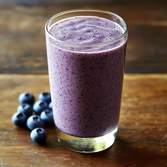 A glass of blueberry smoothie.