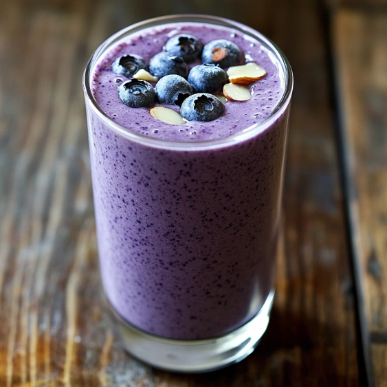 A glass of blueberry smoothie.