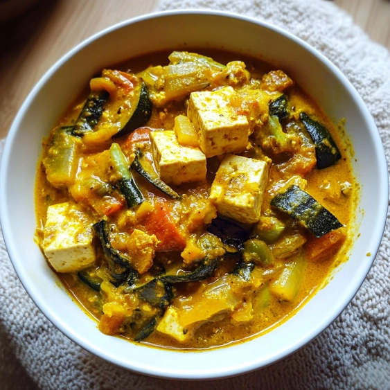 A bowl of soup with tofu and vegetables.