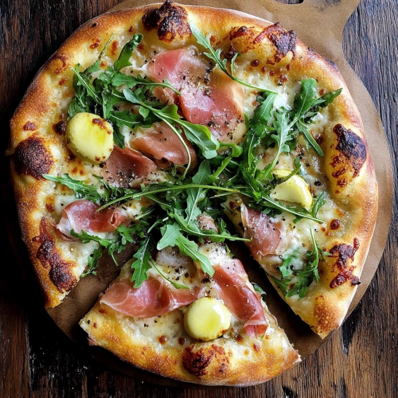 A pizza with greens and ham on top.