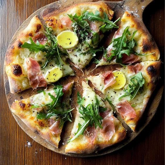 A pizza with eggs on top.