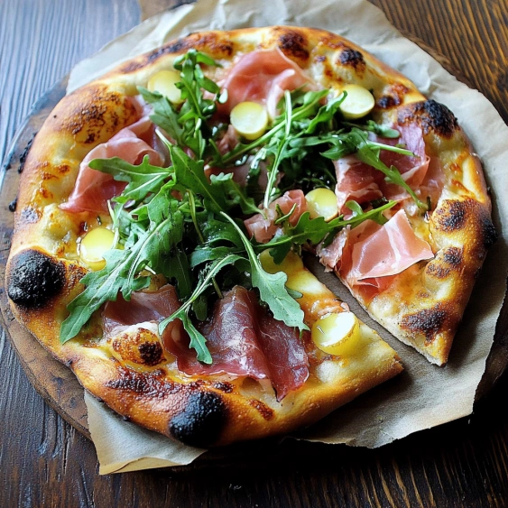 A pizza with ham and cheese on a paper towel.