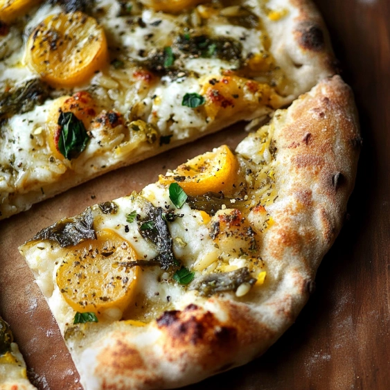 A pizza with yellow and green toppings.