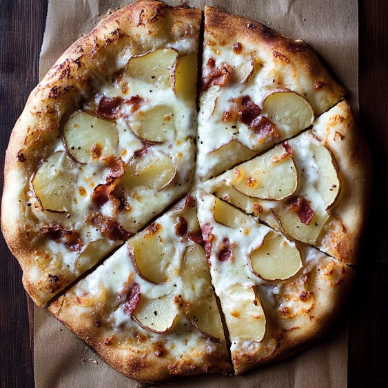 A slice of pizza with bacon and potatoes.