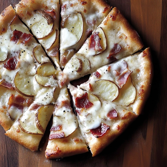 A pizza with bacon and potatoes on a wooden table.