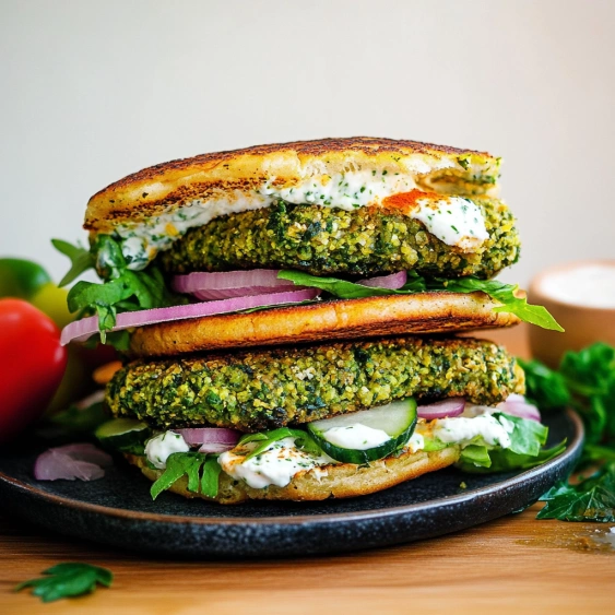 A sandwich with greens and white sauce.