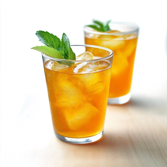 Two glasses of orange juice with mint leaves.