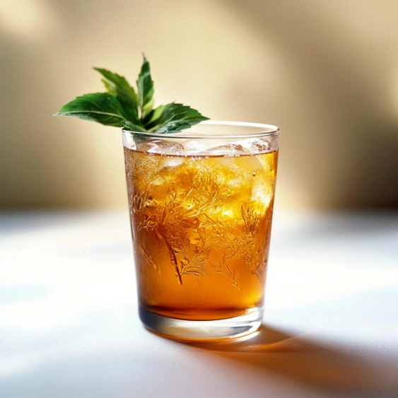 A glass of tea with a green leaf on top.