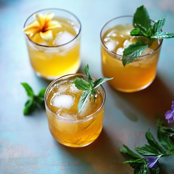 Three glasses of iced tea with mint leaves.