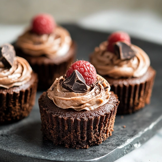 Chocolate cupcakes with raspberry toppings.
