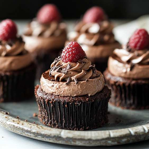 Chocolate cupcakes with raspberries on top.
