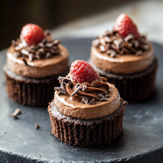 Three chocolate cupcakes with raspberries on top.
