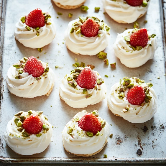 A tray of white cupcakes with strawberries on top.