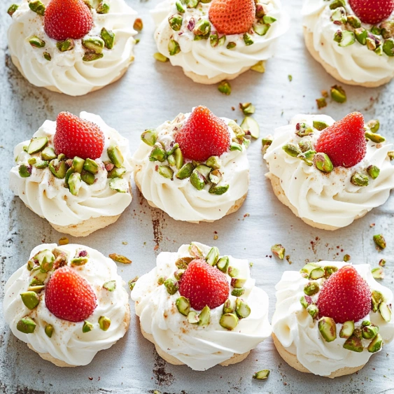 A tray of cupcakes with strawberries on top.