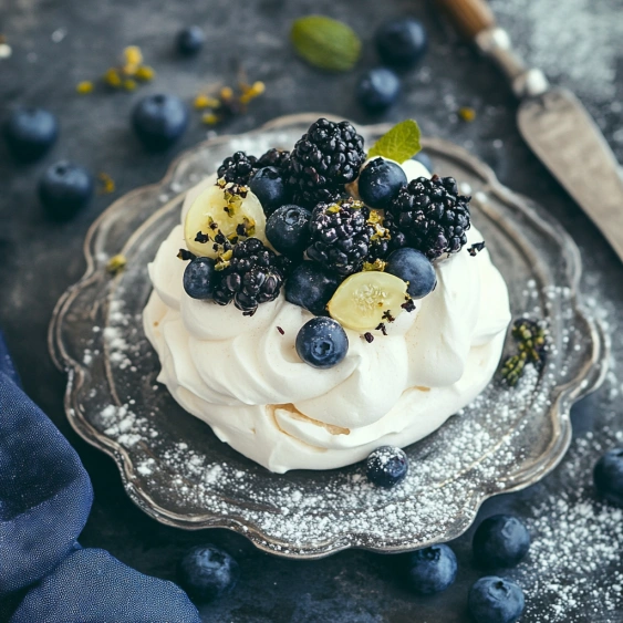 A blueberry and cream dessert on a plate.